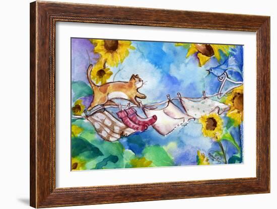 Cat on Clothesline Laundry Day-sylvia pimental-Framed Art Print