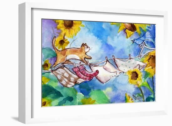 Cat on Clothesline Laundry Day-sylvia pimental-Framed Art Print