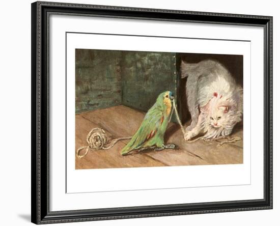 Cat Playing with Parrot-null-Framed Art Print