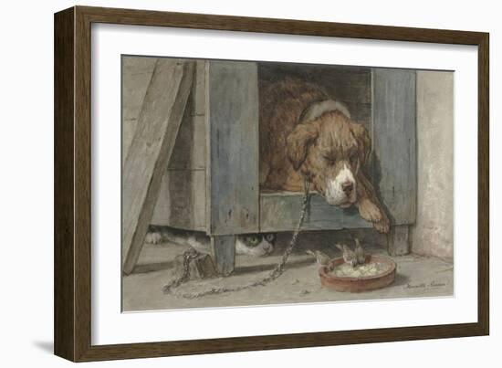 Cat Spies Birds While a Dog Sleeps, C. 1850-90-Henriette Ronner-Framed Art Print