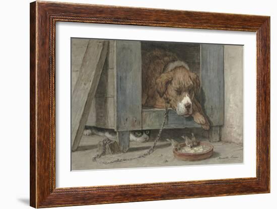 Cat Spies Birds While a Dog Sleeps, C. 1850-90-Henriette Ronner-Framed Art Print