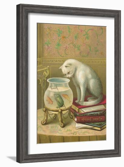 Cat Watching Frog and Fish-null-Framed Art Print