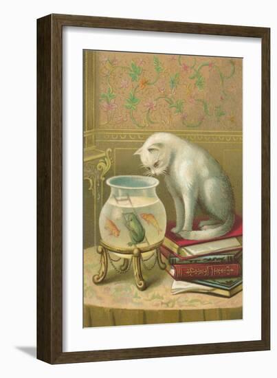 Cat Watching Frog and Fish--Framed Art Print