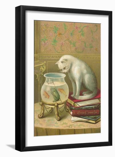 Cat Watching Frog and Fish-null-Framed Art Print
