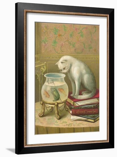 Cat Watching Frog and Fish-null-Framed Art Print