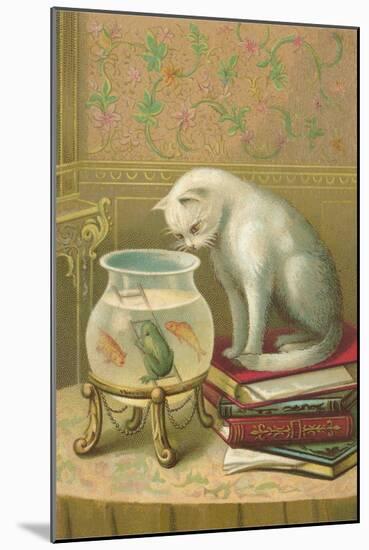 Cat Watching Frog and Fish-null-Mounted Art Print