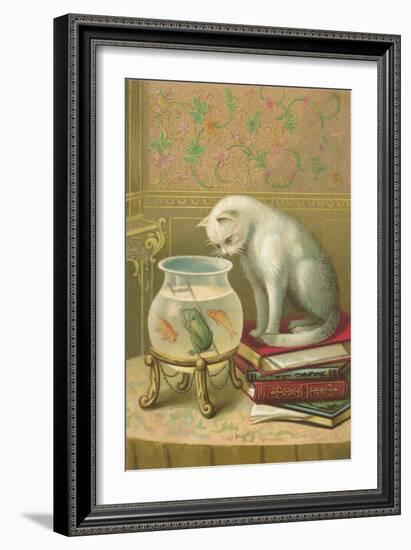 Cat Watching Frog and Fish-null-Framed Art Print