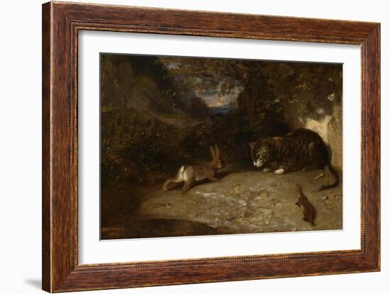 Cat, Weasel, and Rabbit, 1836 (Oil on Canvas)-Alexandre Gabriel Decamps-Framed Giclee Print