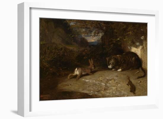 Cat, Weasel, and Rabbit, 1836 (Oil on Canvas)-Alexandre Gabriel Decamps-Framed Giclee Print