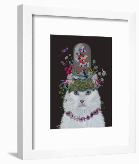 Cat, White with Butterfly bell jar, on black-Fab Funky-Framed Art Print