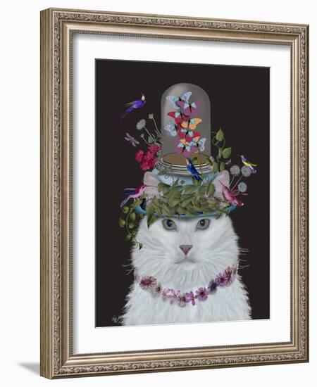 Cat, White with Butterfly bell jar, on black-Fab Funky-Framed Art Print