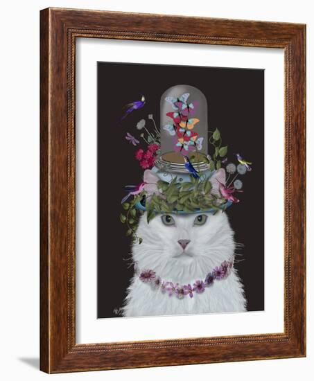 Cat, White with Butterfly bell jar, on black-Fab Funky-Framed Art Print