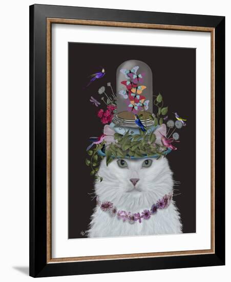 Cat, White with Butterfly bell jar, on black-Fab Funky-Framed Art Print