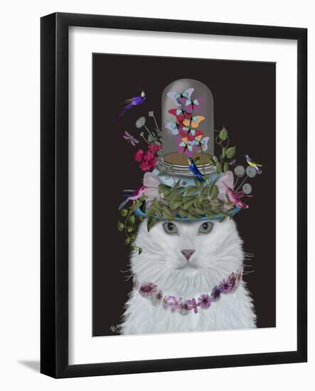 Cat, White with Butterfly bell jar, on black-Fab Funky-Framed Art Print