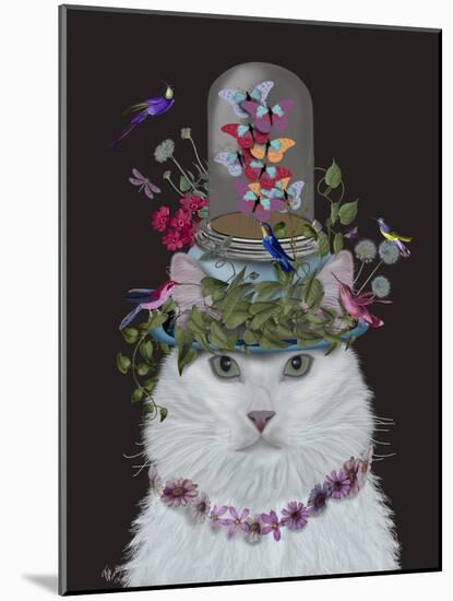 Cat, White with Butterfly bell jar, on black-Fab Funky-Mounted Art Print