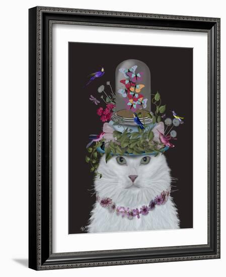 Cat, White with Butterfly bell jar, on black-Fab Funky-Framed Art Print