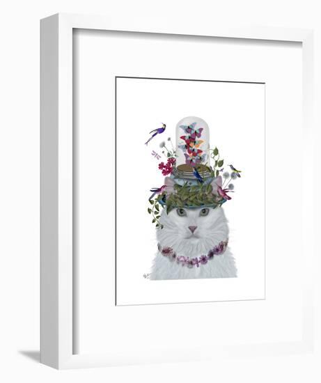 Cat, White with Butterfly bell jar-Fab Funky-Framed Art Print