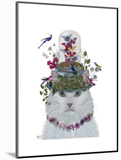 Cat, White with Butterfly bell jar-Fab Funky-Mounted Art Print