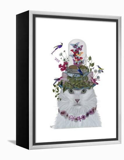 Cat, White with Butterfly bell jar-Fab Funky-Framed Stretched Canvas