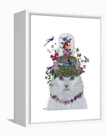 Cat, White with Butterfly bell jar-Fab Funky-Framed Stretched Canvas