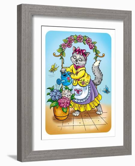 Cat with Flowers-Olga Kovaleva-Framed Giclee Print