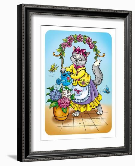 Cat with Flowers-Olga Kovaleva-Framed Giclee Print