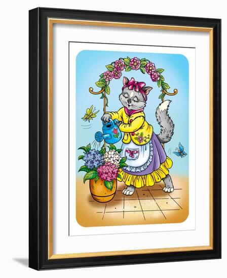 Cat with Flowers-Olga Kovaleva-Framed Giclee Print