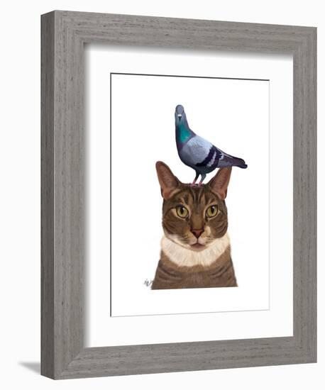 Cat with Pigeon on Head-Fab Funky-Framed Art Print