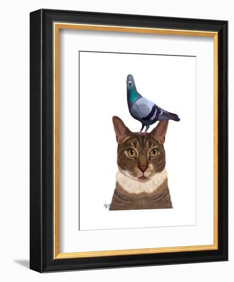 Cat with Pigeon on Head-Fab Funky-Framed Art Print