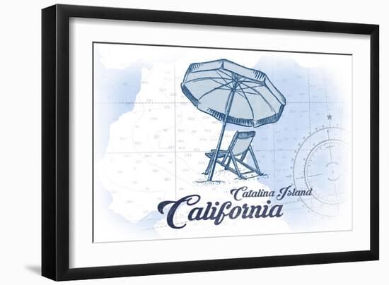 Catalina Island, California - Beach Chair and Umbrella - Blue - Coastal Icon-Lantern Press-Framed Art Print