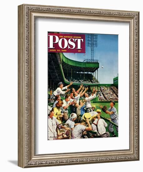 "Catching Home Run Ball" Saturday Evening Post Cover, April 22, 1950-Stevan Dohanos-Framed Giclee Print