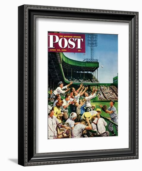 "Catching Home Run Ball" Saturday Evening Post Cover, April 22, 1950-Stevan Dohanos-Framed Giclee Print