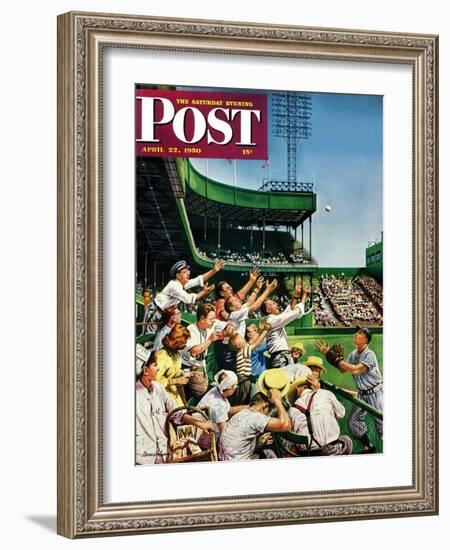 "Catching Home Run Ball" Saturday Evening Post Cover, April 22, 1950-Stevan Dohanos-Framed Giclee Print