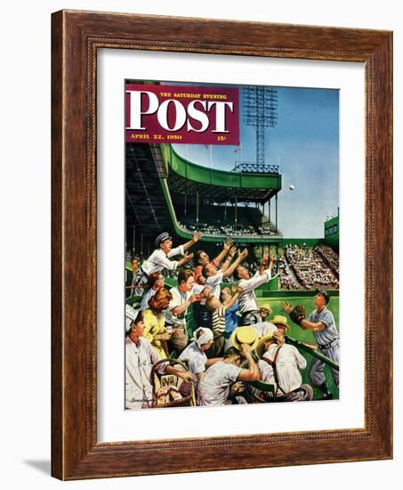 "Catching Home Run Ball" Saturday Evening Post Cover, April 22, 1950-Stevan Dohanos-Framed Giclee Print