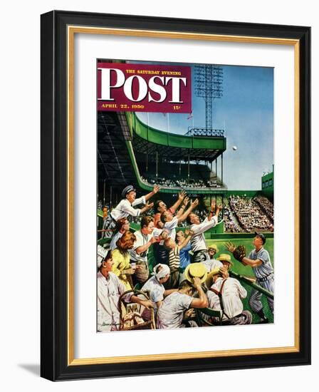 "Catching Home Run Ball" Saturday Evening Post Cover, April 22, 1950-Stevan Dohanos-Framed Giclee Print