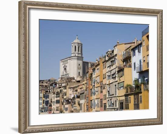 Cathedral and Brightly Painted Houses on the Bank of the Riu Onyar, Girona, Catalonia, Spain-Martin Child-Framed Photographic Print