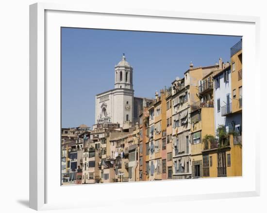 Cathedral and Brightly Painted Houses on the Bank of the Riu Onyar, Girona, Catalonia, Spain-Martin Child-Framed Photographic Print