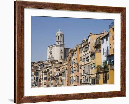 Cathedral and Brightly Painted Houses on the Bank of the Riu Onyar, Girona, Catalonia, Spain-Martin Child-Framed Photographic Print