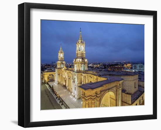 Cathedral at twilight, Plaza de Armas, elevated view, Arequipa, Peru, South America-Karol Kozlowski-Framed Photographic Print