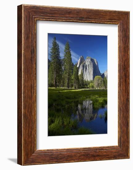 Cathedral Rocks Reflected in a Pond and Deer, Yosemite NP, California-David Wall-Framed Photographic Print