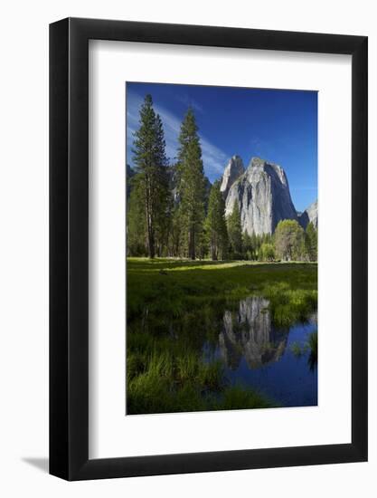 Cathedral Rocks Reflected in a Pond and Deer, Yosemite NP, California-David Wall-Framed Photographic Print