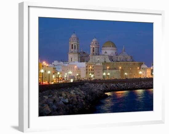 Cathedral Waterfront Dusk, Cadiz, Andalucia, Spain, Europe-Charles Bowman-Framed Photographic Print