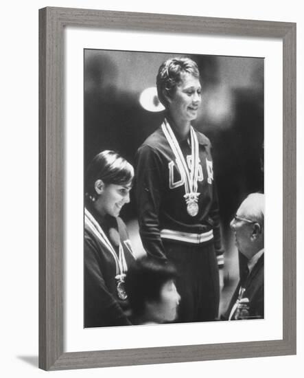 Cathy Ferguson Smiling Being Awarded the Gold Medal at Summer Olympic Games-Art Rickerby-Framed Premium Photographic Print