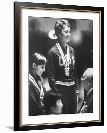 Cathy Ferguson Smiling Being Awarded the Gold Medal at Summer Olympic Games-Art Rickerby-Framed Premium Photographic Print