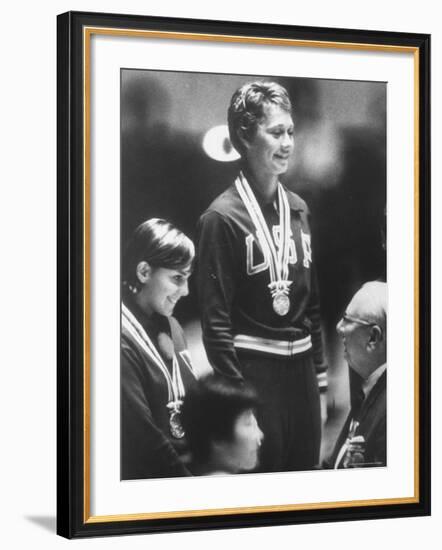Cathy Ferguson Smiling Being Awarded the Gold Medal at Summer Olympic Games-Art Rickerby-Framed Premium Photographic Print