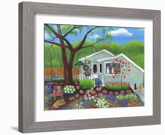 Cats and Dog at Garden Folk Art House-Cheryl Bartley-Framed Giclee Print