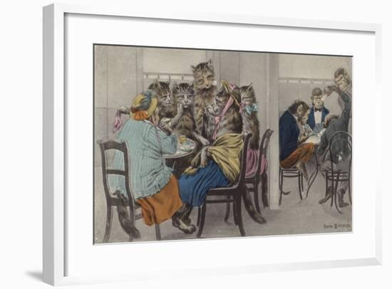 Cats Drinking Tea and Monkeys Playing Cards-null-Framed Giclee Print