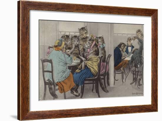 Cats Drinking Tea and Monkeys Playing Cards-null-Framed Giclee Print