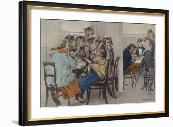 Cats Drinking Tea and Monkeys Playing Cards-null-Framed Giclee Print