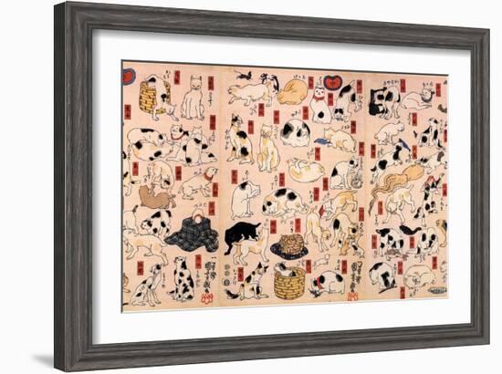 Cats. from the Series Fifty-Three Stations of the Tokaido (Triptyc), Ca 1848-Utagawa Kuniyoshi-Framed Giclee Print